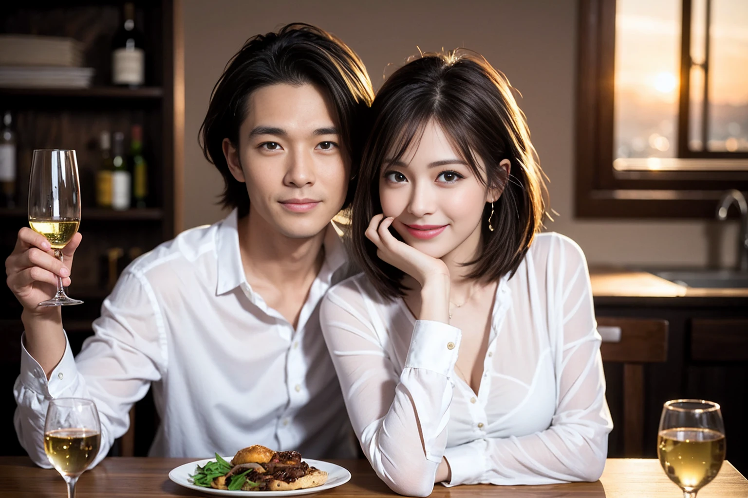 japanese male & female felling Relax in a cafe.eyes should be opened & look like real people