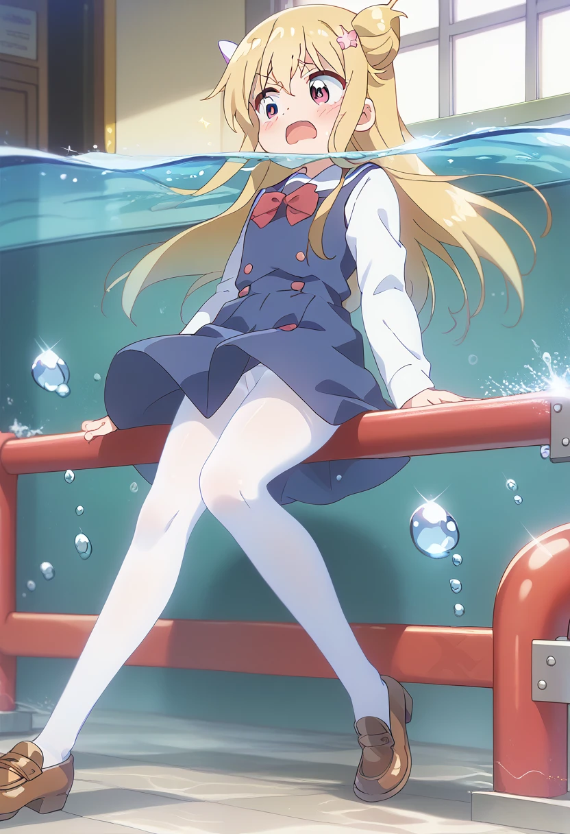 score_9, score_8_up, score_7_up, source_アニメ, masterpiece, 1girl, watahana, , blue dress, sailor dress, pinafore dress, white sailor collar,white shirt, red bowtie, long sleeves, flat chest, white pantyhose, loafers, indoors, shiny hair, cuteポーズ, (Completely flooded)、((Wind power increase))、((The skirt spreads over the water surface.))、(Drowning), Immersed in water、Transparent pool, Water Play, Primary school students、Skirt fully open、Long wide skirt、cute、blush、Watery eye、Lots of water、Wet