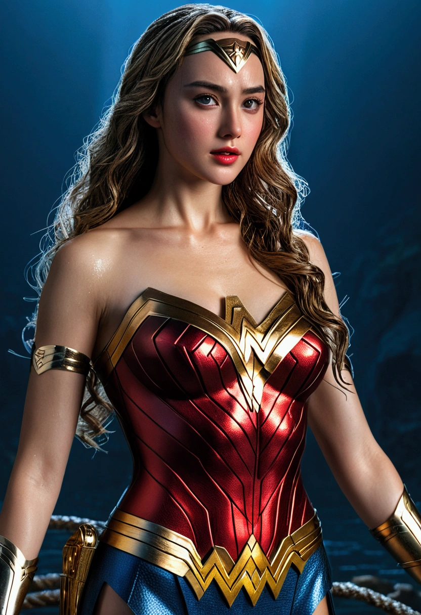 long legs, Dilraba Dilmurat style of wonder woman, 1girl, wet skin, beautiful detailed eyes, beautiful detailed lips, extremely detailed face and eyes, long eyelashes, blonde hair, red and blue costume, iconic wonder woman logo, golden lasso, superhero, action pose, cinematic lighting, photorealistic, 8k, extremely detailed, (best quality,4k,8k,highres,masterpiece:1.2),ultra-detailed,(realistic,photorealistic,photo-realistic:1.37)