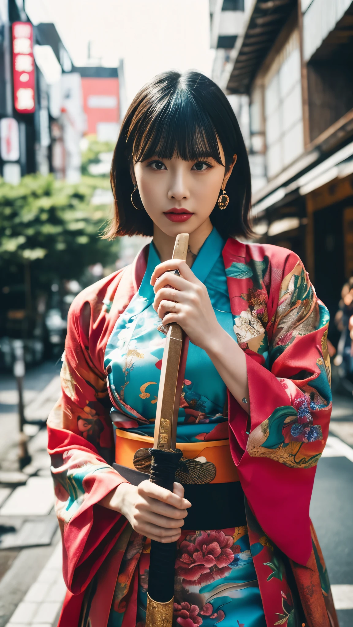 Beautiful Chinese woman, (), cute face, red lips, white moist skin, moles, under-eye bags,
BREAK,
Feminine body with high athletic ability, Body of a female fitness model, Feminine body with hard tones, (muscles: 1.2), (beautiful belly button),
BREAK,
Martial artist, Kung Fu fighter, Idol,
BREAK,
(wearing cute kimono: 1.3), (kimono with high exposure), (red long boots 1.3), necklace, very large earrings, short length,
BREAK,
Short hair, (short bob hair), (bangs: 1.2), (pink hair: 1.3), (wavy hair),
BREAK,
(very large Japanese sword: 1.4), (holding the handle of a Japanese sword in hand: 1.3), (raising a very large Japanese sword: 1.2), (taking a fighting stance),
BREAK,
(Japanese tattoo: 1.4),
BREAK,
Masterpiece, perfect lighting, Ultra high resolution, 8K, (highly detailed:1.4), (front view), looking at camera, melancholic expression,
BREAK,
(Tokyo city, lots of people in background), Japanese city background,