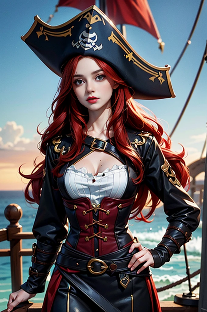 English woman,1girll,Lovely and beautiful Fas,28 year old,Red hair,double tails, Practical pirate clothing, (Long-sleeved pirate top), Skirt,Torn pirate hat, view the viewer, fantasy,Cinematic lighting,Masterpiece,