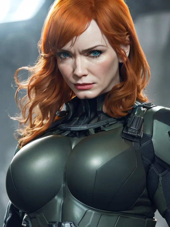 Imagine Christina Hendricks as a Metal Gear Solid character, powerful female character, short wavy orange hair and bright blue eyes, 48 years old, high-quality face study of Christina Hendricks, buxom chested, deep cleavage, (Christina's sculpted cheekbones and slight wrinkles around the face), mascara, eyeshadow, red lipstick, plump lips, intricate high-quality study of Christina Hendricks buxom physique, striking and mature facial features, agile and athletic build, (Wearing: Fingerless Gloves, skin-tight suit, black and green stealth suit, cleavage cutout, utility belt, metallic armlets, armored boots, gun holsters), The suit is so tight that Christina Hendricks breasts barely fit in it, The suit emphasizes her stealth and combat prowess. Stealthy and formidable presence of the character, hyper-realistic rendering to capture every minute detail, showcasing the mastery of digital portrait artistry, ultimate photorealistic quality, highly detailed facial expression showcasing the determination and strategy of the character, subtle hints of high-tech and militaristic elements reflecting the true essence of the Metal Gear Solid universe, vibrant colors with deep gray’s and contrasting cool tones, creating a visually striking and captivating portrait.
