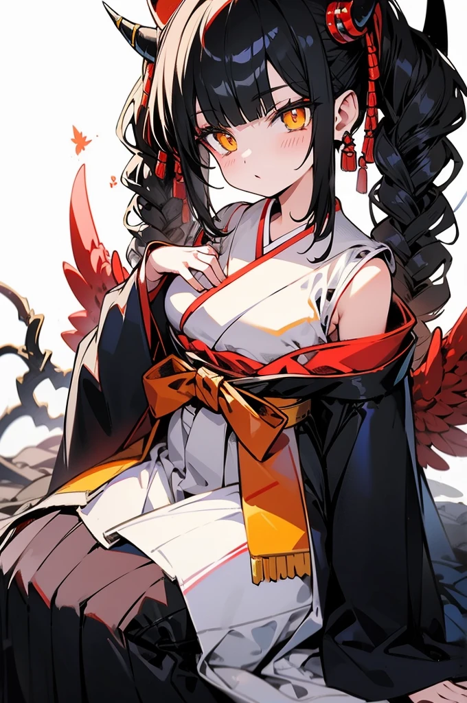 horn, hakama, Bblack hair, yellow  eyes, female