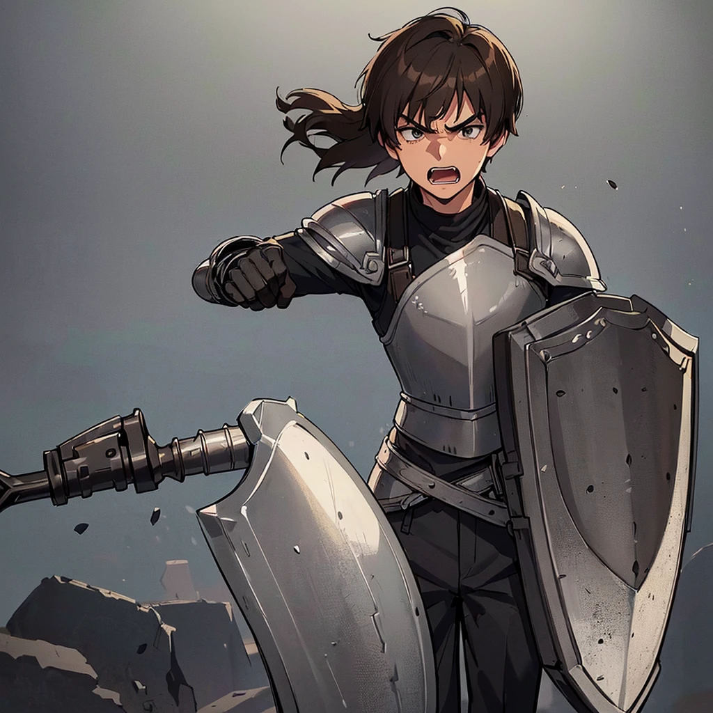 ((((Solo))))、((((Hold your shield))))、Best illustrations、Best Quality、(((Simple grey armor、Black trousers、Black gloves、Short Hair、Brown Hair、20 year old man)))、(Old ruins、desert。Grass)、(Black, muddy swamp)、(get annoyed、Open your mouth、Get angry)、battlefield、(White background)、front