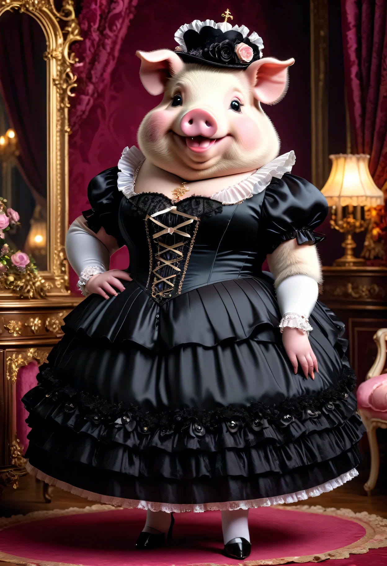 photorealistic portrait of Dressed animals-a ((fat)) ((pig)) princess,(furry), (elegant pose:1.5), (hands on hips:1.5),(smile:1.5),high quality,(),(lovely) ,intricate details, Wearing Gothic & Lolita dress , ( brim on head), highly detailed ((dress with frills and ribbon)) ,highly detailed accessories, high sox , (happy), soft lighting,(full body image:2.0),in Rococo style room background,,score_9, score_8_up, score_7_up, score_6_up, score_5_up, score_4_up,
