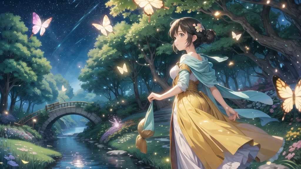 Studio ghibli, enchanted landscapes with lights , butterflies, fireflies, etc