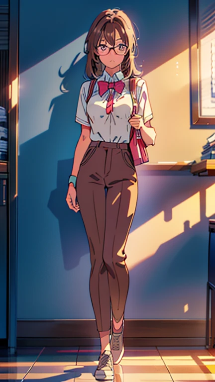 highly detailed, 8K, masterpiece, best quality, pretty teenager girl, nerd girl, ((dark skin)), megane, glasses, pink eyes, ((brown hair)), mid hair, nerd outfit, nerd clothes, sweather, pants, holding a book, thin, ((full body scene)), ((full body)), ((full body angle)), pretty girl, (medium-breasts:1.5), ((mid chest)), standing, highschool scenario, highschool background, school scenario, school background, (Ultra High Resolution: 1.2), (RAW Photo: 1.2)