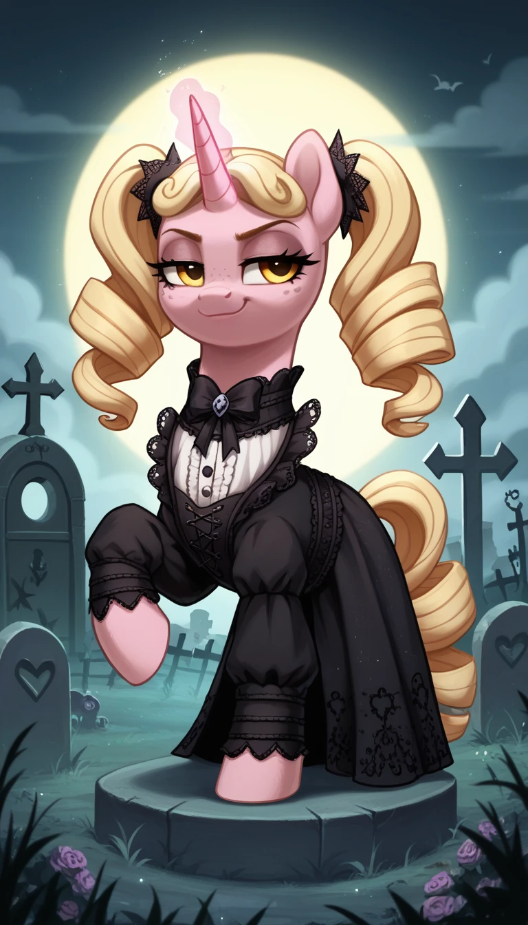 score_9,score_8_up,score_7_up,score_6_up, female, unicorn, pastel pink fur, curly blonde hair, twintails, freckles, Golden eyes, Gothic pony, lolita fashion, glowing backlight, fashion show, graveyard scene, glitter, whimsical, enchanted, magical, fantasy art concept, intricate details, smug smile, glowing horn, 