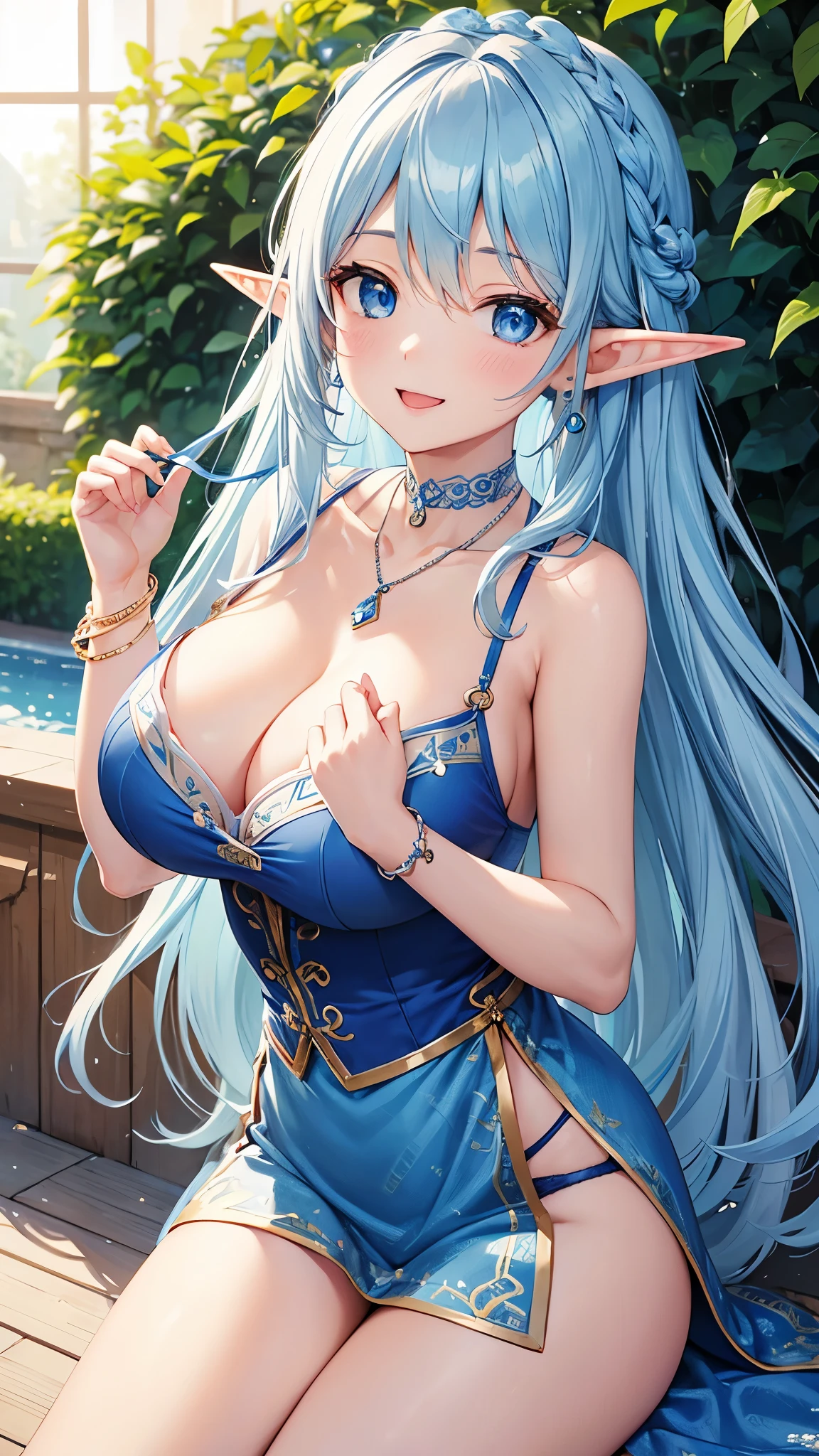 Highest quality、Highest quality、masterpiece、(8k resolution),beauty(Age 25)、(Mature Appearance)、Light blue long hair(Braiding of sides)、blue eyes、(Blue underwear with detailed embroidery)、(Elf)、Big cleavage、((Very large breasts))、smile、blue necklace、Blue Earrings、background(ice)、Please open your mouth wide、bracelet、Dynamic pose、Blue choker、Squint your eyes