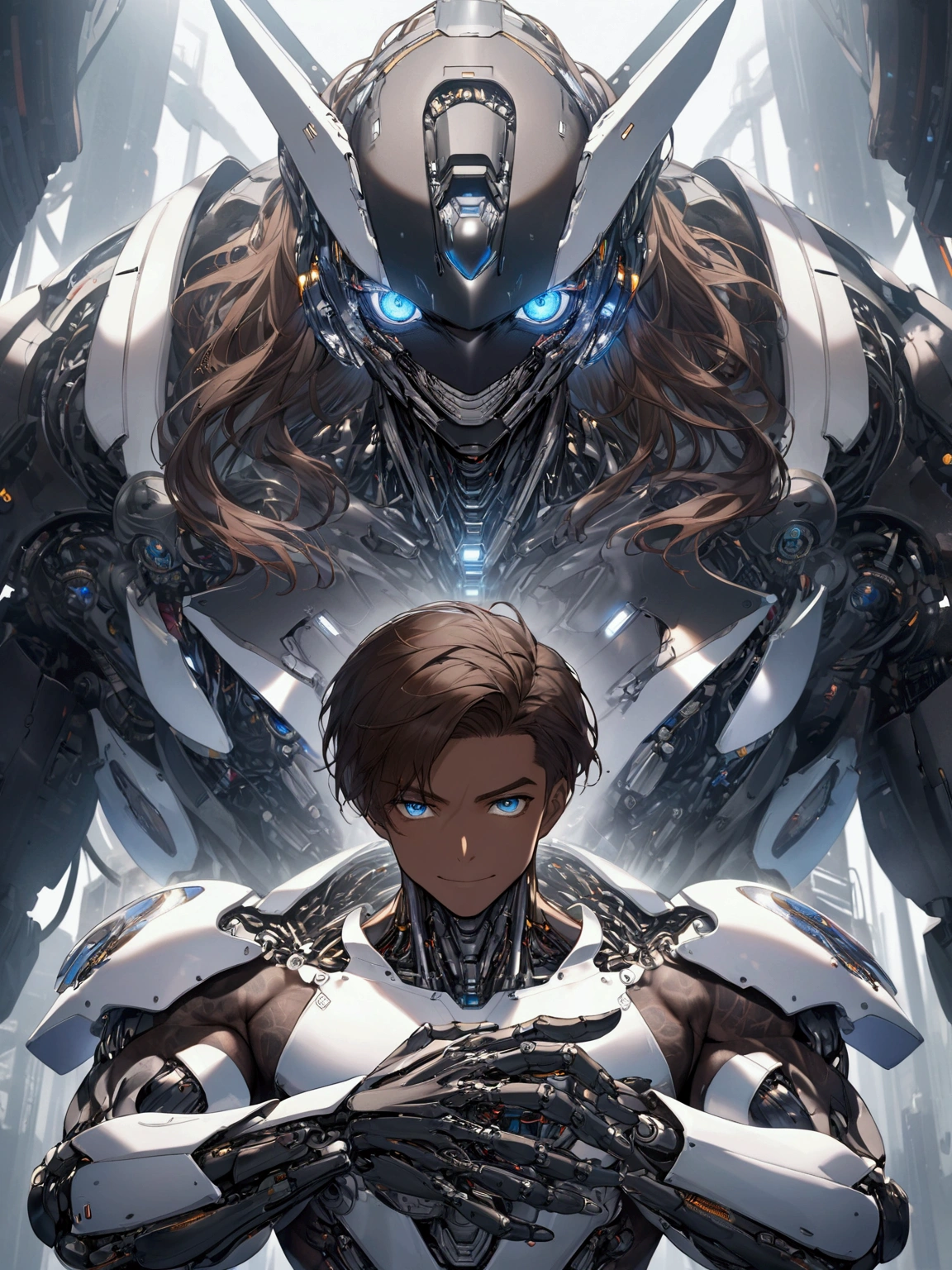 ((masterpiece)), ((best quality)), (from front, facing front), (cyber, war robot, massive), (half-body shot), 1man, adult man, solo, black skin, human head, long brown hair, blue eyes, solid white robot armor, white metal body, smiling, hyper-detailed, futuristic, mechanical, striking, powerful, awe-inspiring, moody, atmospheric