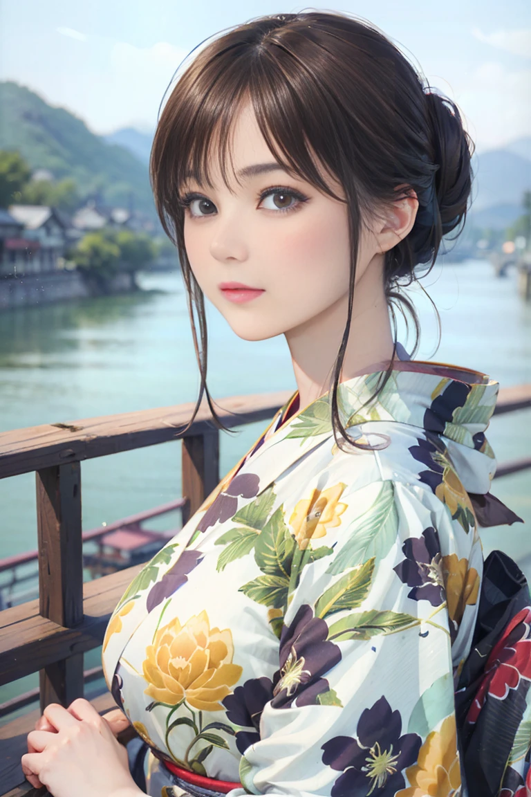 (Highest quality、 8k 、masterpiece、High resolution)、(whole body)、Vibrant colors、Brown-black bob、Traditional round topknot、Ample breasts、(Highly detailed face and eyes、Beautiful Face、Beautiful Eyes、Beautiful nose、Pretty lips)、 (Beautiful woman standing on a riverside observation deck)、(Vivid floral patterned kimono)、Official Art、 The background is a wide river、Nearby bridge、Riverside streetscape、Mountains in the distance、Detailed CG、