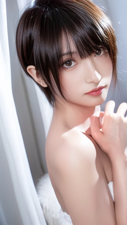 4-0 year old beauty,Perfect Eyes,Short cut with smooth and shiny hair、Her hair is light pink、Realistic 3D images、Brown Skin,Bust is very very very small、Full body nude images、The background is the bedroom、High resolution、high resolution、A seductive pose with her hair brushed back、high resolution写真、Her lips are a light orange color with a lustrous shine.、Hairless genitals、Clear, sharp images of the lower body、Masterpiece 8K、