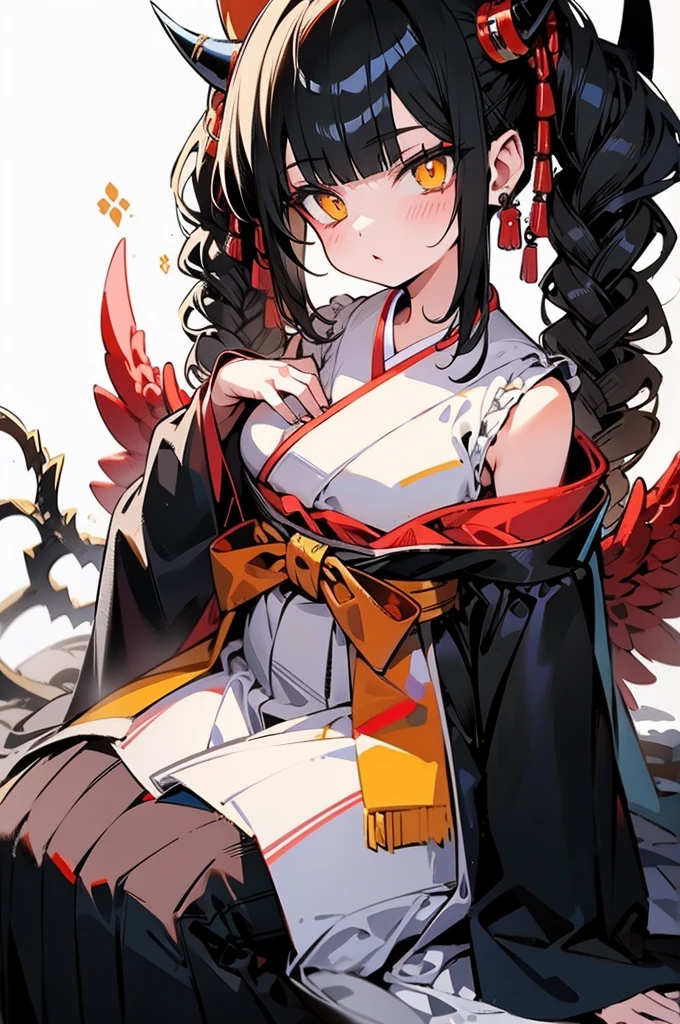 horn, hakama, Bblack hair, yellow  eyes, female