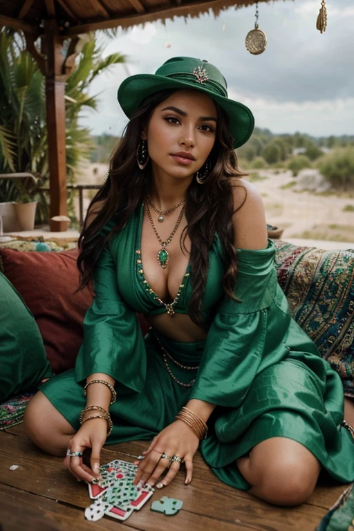 diamond coins falling from the sky gypsy woman wearing green with very beautiful big outfit with many bracelets necklaces and rings holding playing cards playing cards