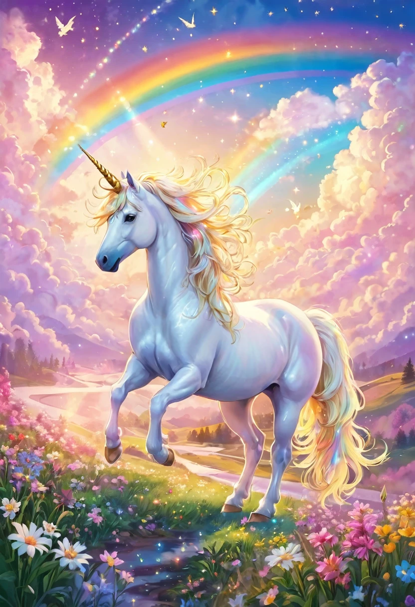 A white unicorn under a pastel rainbow sky, a clear and fresh beautiful spring nearby, Pegasus with standing golden hair, little birds, a sacred and beautiful hill, flowers, clouds, shooting stars, fine lights. grain, perfect lighting