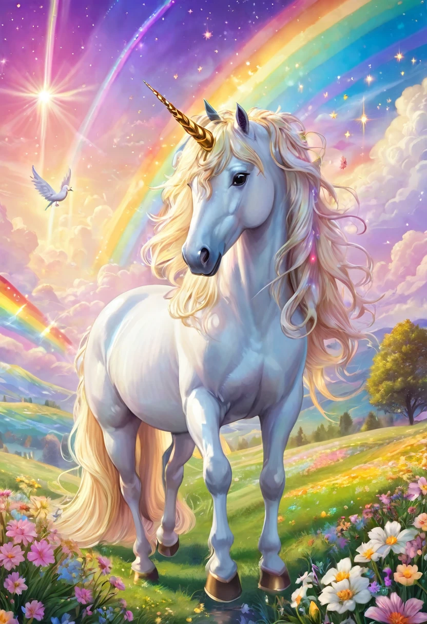 A white unicorn under a pastel rainbow sky, a clear and fresh beautiful spring nearby, Pegasus with standing golden hair, little birds, a sacred and beautiful hill, flowers, clouds, shooting stars, fine lights. grain, perfect lighting