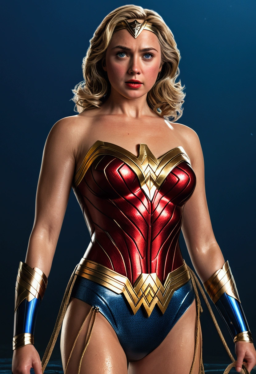 long legs, Hillary Clinton style of wonder woman, 1girl, wet skin, beautiful detailed eyes, beautiful detailed lips, extremely detailed face and eyes, long eyelashes, blonde hair, red and blue costume, iconic wonder woman logo, golden lasso, superhero, action pose, cinematic lighting, photorealistic, 8k, extremely detailed, (best quality,4k,8k,highres,masterpiece:1.2),ultra-detailed,(realistic,photorealistic,photo-realistic:1.37)