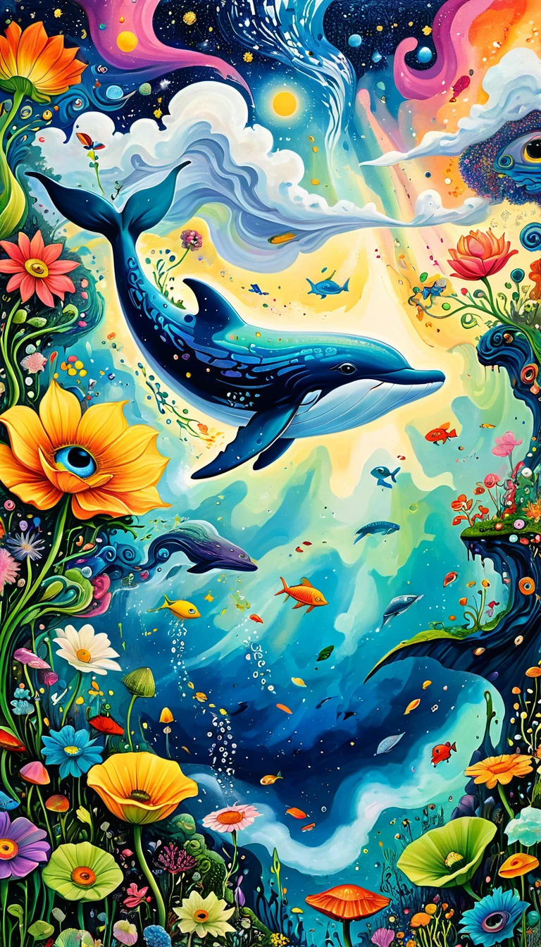 Children's graffiti,Thick coating,Concave and convex texture,Oil pastel strokes:Artists from the stars,Child,Flying Whale:1.37、Eruption Cloud、flowesh、章fish触手瀑布。、bird、(((Eye)))、diatom,Abstract mosaic painting,Describing the inner world of autistic people,Large area of white,interesting,Innocence,Vision,Psychedelic Art,