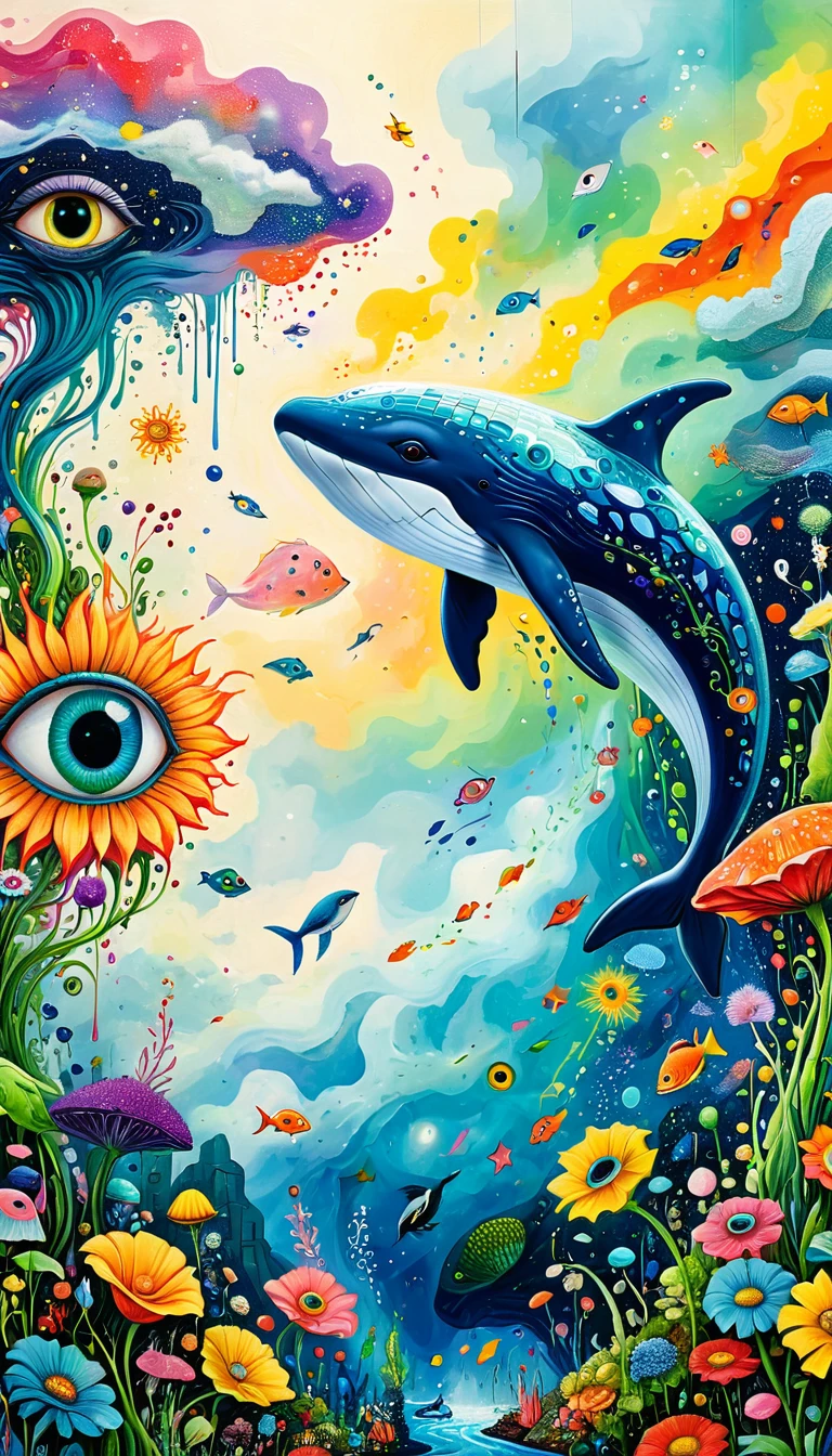 Children's graffiti,Thick coating，Concave and convex texture，Oil pastel strokes：Artists from the stars，Child，Flying Whale:1.37、Eruption Cloud、flowesh、章fish触手瀑布。、bird、(((Eye)))、diatom，Abstract mosaic painting，Describing the inner world of autistic people，Large area of white，interesting，Innocence，Vision，Psychedelic Art，
