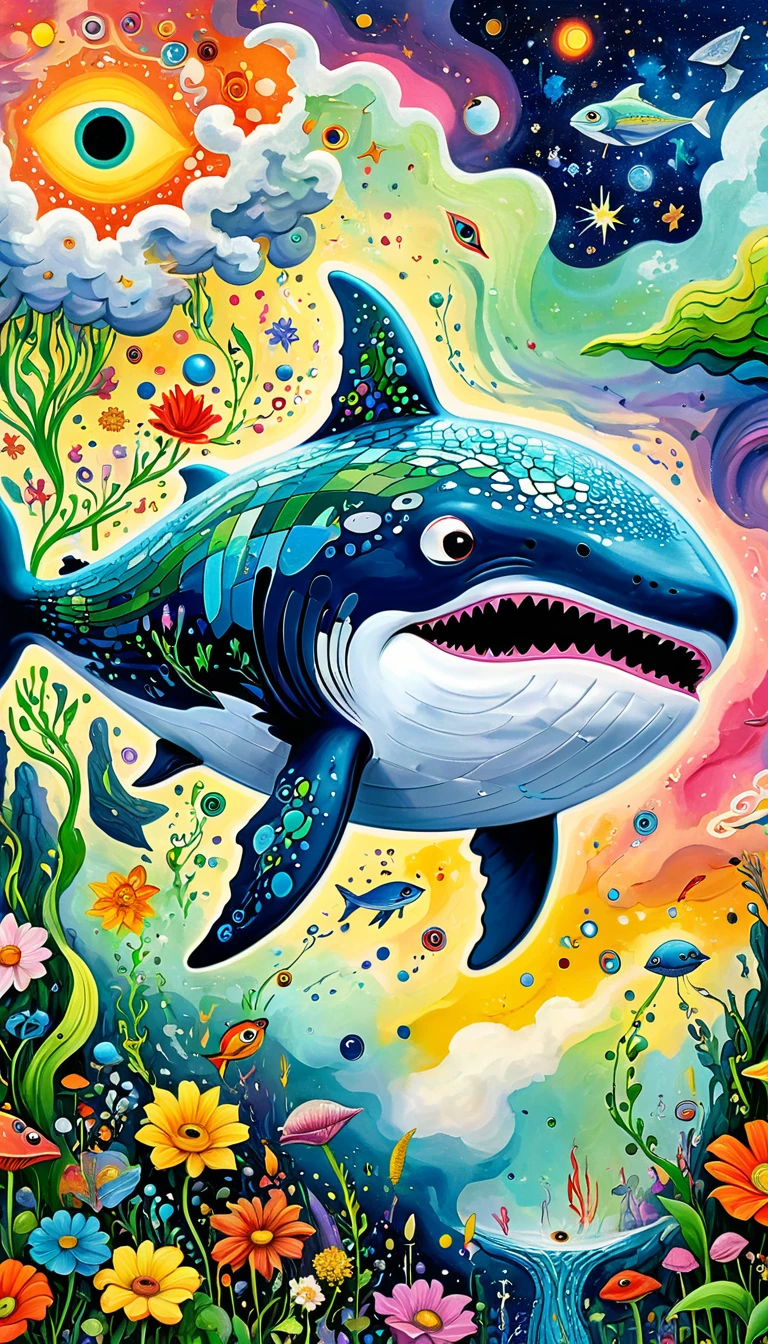 Children's graffiti,Thick coating,Concave and convex texture,Oil pastel strokes:Artists from the stars,Child,Flying Whale:1.37、Eruption Cloud、flowesh、章fish触手瀑布。、bird、(((Eye)))、diatom,Abstract mosaic painting,Describing the inner world of autistic people,Large area of white,interesting,Innocence,Vision,Psychedelic Art,