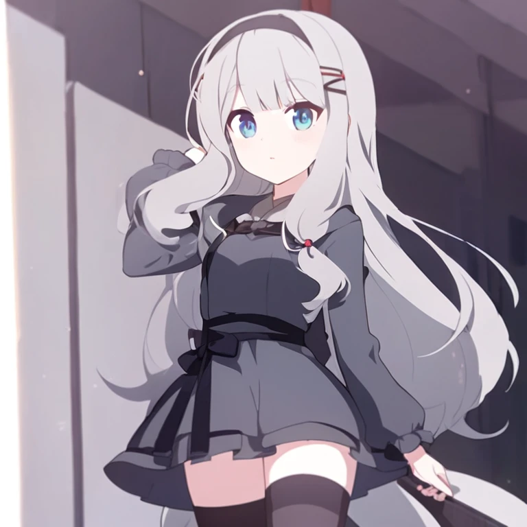 Anime girl with long grey hair that's over the waist, wear grey dress, black stockings, have hairclip.