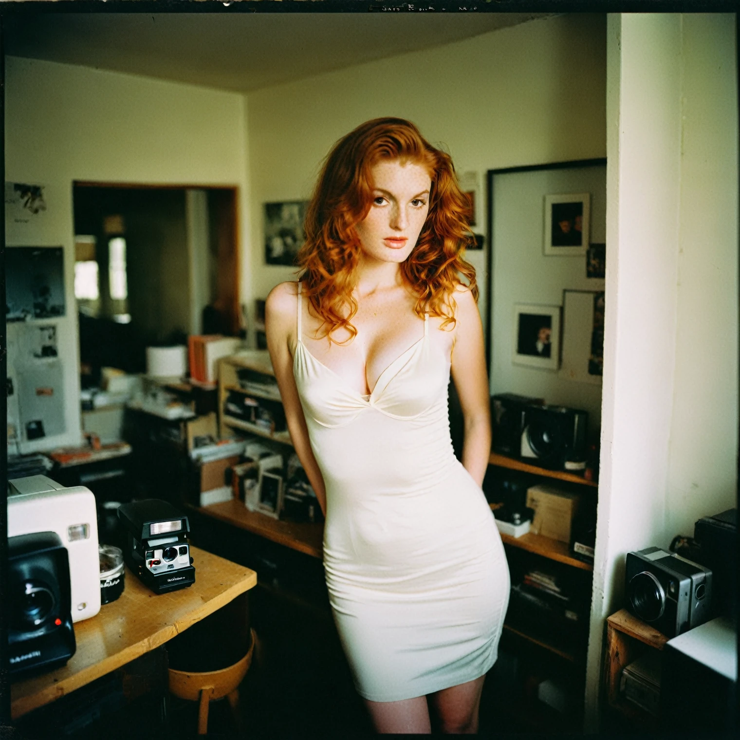 35mm real life photography, realism style  (freckled:0.1) ginger ((realism fayereagan woman)), 
Kodak Instant Photo (square format), (((headshot))) on a Kodak Instant Camera from the 1990s, inspired by the dynamic style of Nan Goldin, shot in natural lighting, with a soft, warm color palette, pale Caucasian female model with loose waves, wearing a (modest) flowing, white dress, with an emphasis on her curves, standing in a cluttered room, leading lines of the room, intricate textures, low resolution, high ISO, slow shutter speed, balanced composition, jpg compression artifacts, portrait photography, post-processing by "Nan Goldin Studio" with added film grain, vignetting, desaturation, and noise reduction to create a raw, naturalistic image, the photograph shows signs of aging, with slight fading and yellowing, and the corners are curling inward, reinforcing the nostalgic atmosphere.
themes of innocence, intimacy, fragility, frailty, 1990s nostalgia