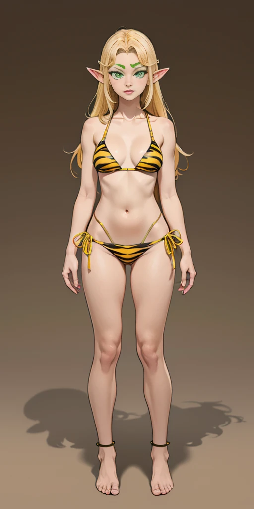 tsundere elf full body toe to head, long hair, blonde hair (green eyes:1.1) pointy ears, elf, multicolored hair, forehead jewel, yellow tiger bikini, standing symmetrical, plain background