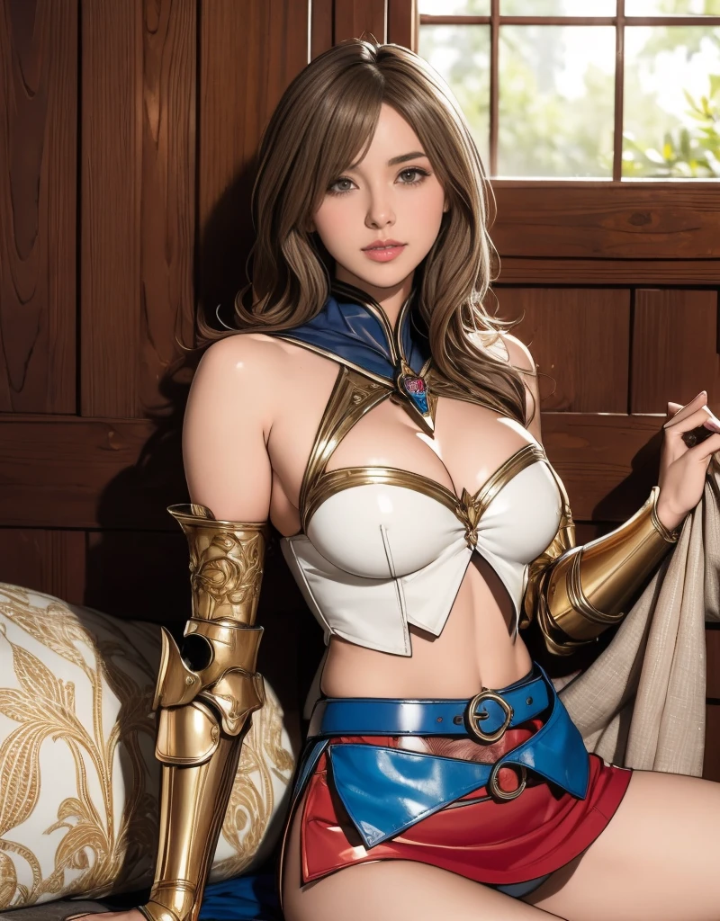 nsfw,Browsing Caution, Movie Scenes, Fantasy art, Best image quality, Surreal Portraits,(8k),Ultra-realistic,最high quality ,high quality, High resolution, high qualityの質感,Attention to detail, beautiful, detailed, Extremely detailed CG,detailedなテクスチャ,Realistic facial expressions, masterpiece, in front,dynamic,bold,1 girl, Yuki Mori:1.51 women, Age 25, Light brown hair, Long Hair, Up Bang Hair, Floating Hair, Highly detailed skin,curve,,beautiful胸,Medium chest, Pale skin, Pointed Chest, Nipples,),{最high quality}, {とてもbeautiful}, {Super detailed}, {最高のAn illustration}, masterpiece,{{{{{Skirt Lift:1.5}}}}},{{{{{Show off your blue panties:1.9}}}}},cameltoe:1.6,garter belt:1.2,((Holy Knight)), Smooth breastplate, ((Platinum Armor))、((((Extremely detailed and intricately decorated armor:1.1)))),Red Cowboy Shot,smooth udder、big 、(Golden Ratio,Tabletop, 最high quality, 最high quality, Official Art, beautifully、beautiful:1.2), Very detailed, colorful,最高のdetailed,An illustration, Great scene, Asheria Costume:1.5, Asheria Costume:1.5, mini skirt,Knee socks, Thighs, gem, Blue Belt,Belt number 1),Course of action, A look of contempt ,From below,sitting:1.9,spread legs:1.9, legs up:1.8,