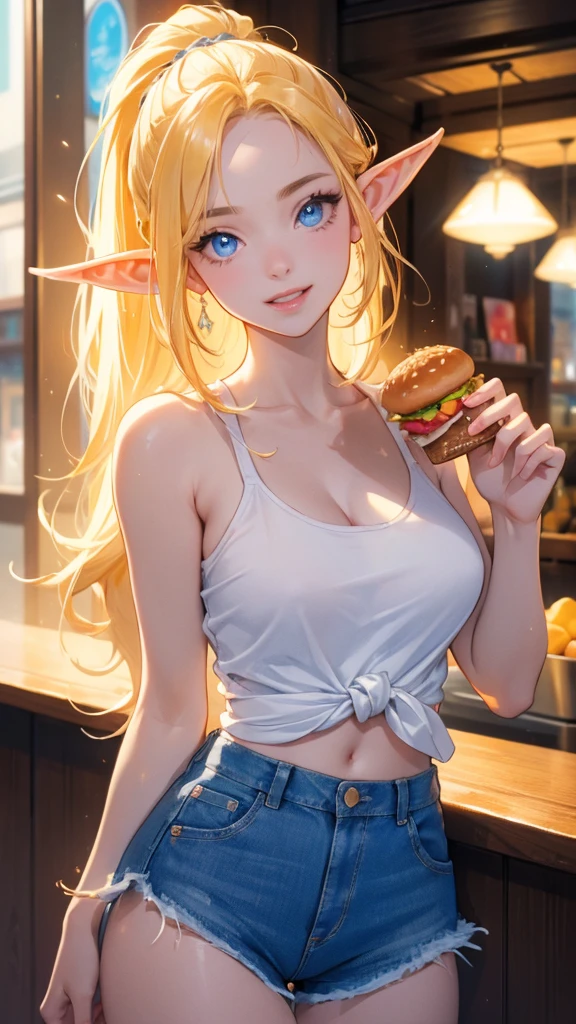 work of art, epic details, ultra detaild, best resolution, Woman, blonde, (BEAUTIFUL ELF), tied up hair, ((rosto angelical)), sculptural body, wearing denim shorts and a white tank top, ((perfect hands))), ((expression of happiness)), (Grinning), great smile, Simple smile, Scenario: a snack bar, supper: eating a hamburger, no mistakes, (((epic details na face))), (((ultra perfect eyes))), recatada