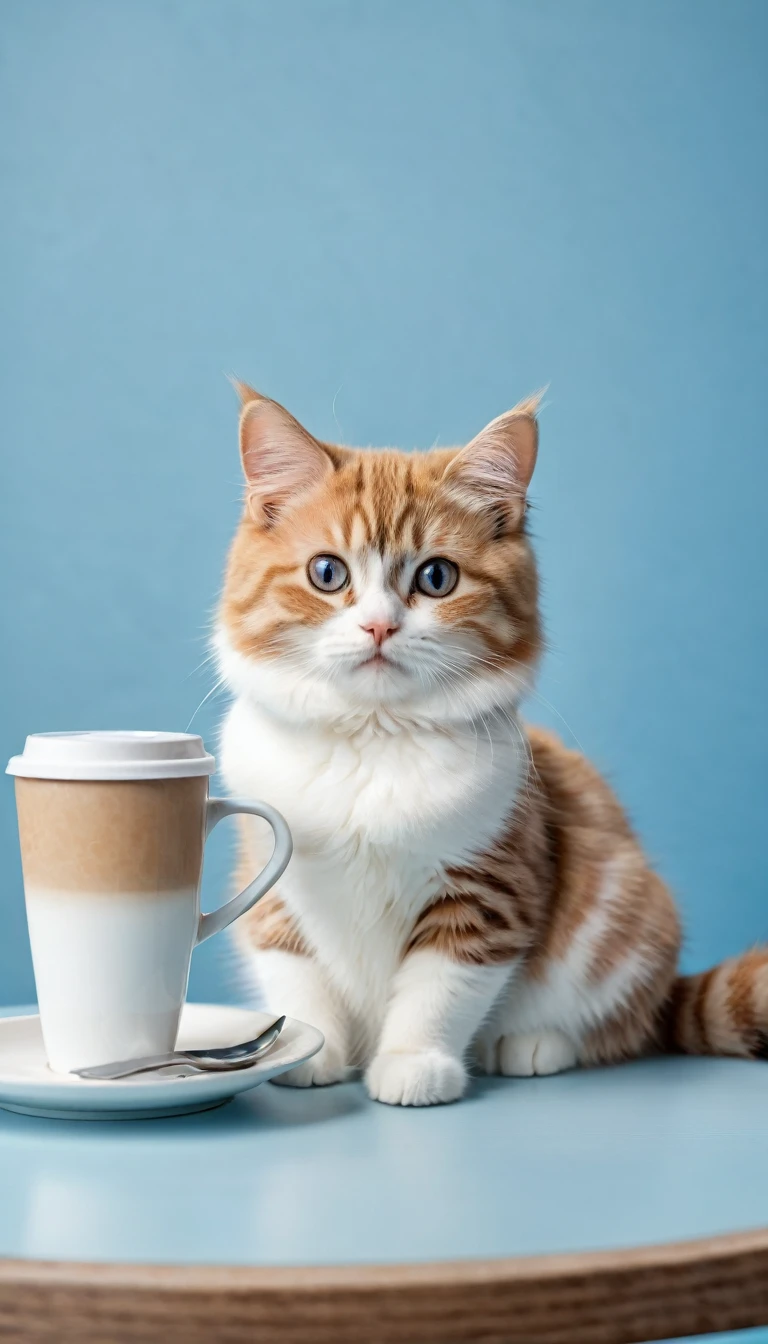 photography of a cutie cat sit with one armrest on the table in soft blue background with looking at the camera, and they holding a cup of coffee. no blur