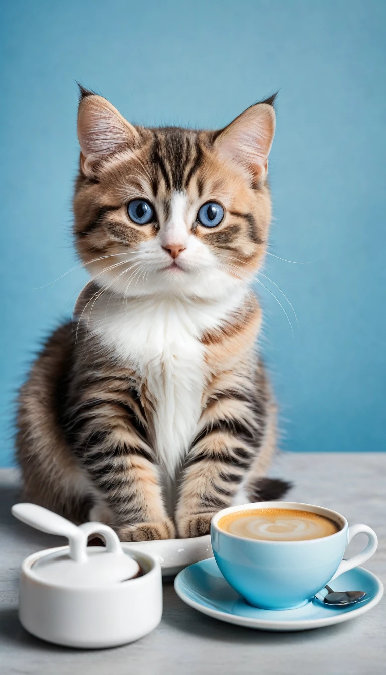 photography of a cutie cat sit with one armrest on the table in soft blue background with looking at the camera, and they holding a cup of coffee. no blur