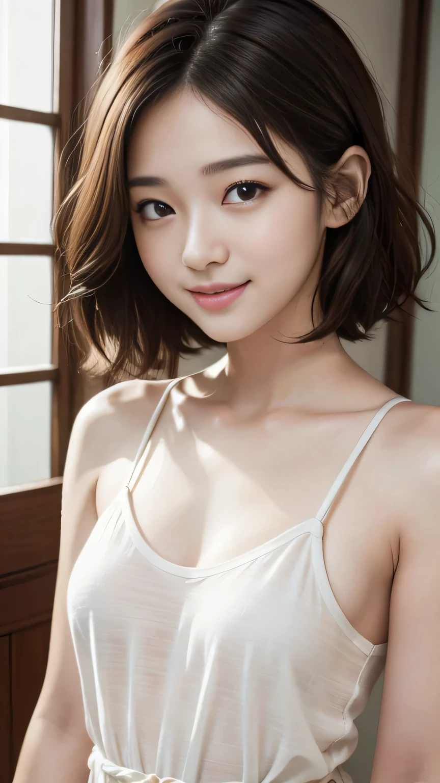 Masterpiece、Best Quality、Illustration、 Super detailed、Fine details、 High resolution、8K Denden Wallpaper、Perfect dynamic composition、Cute 27 year old girl、Sweet girl、Detailed beautiful face、Detailed cute eyes、Textured skin、A modest smile、Wavy short hair、Small breasts、Shoulder strap sleeveless shirt、Bold sexy pose、