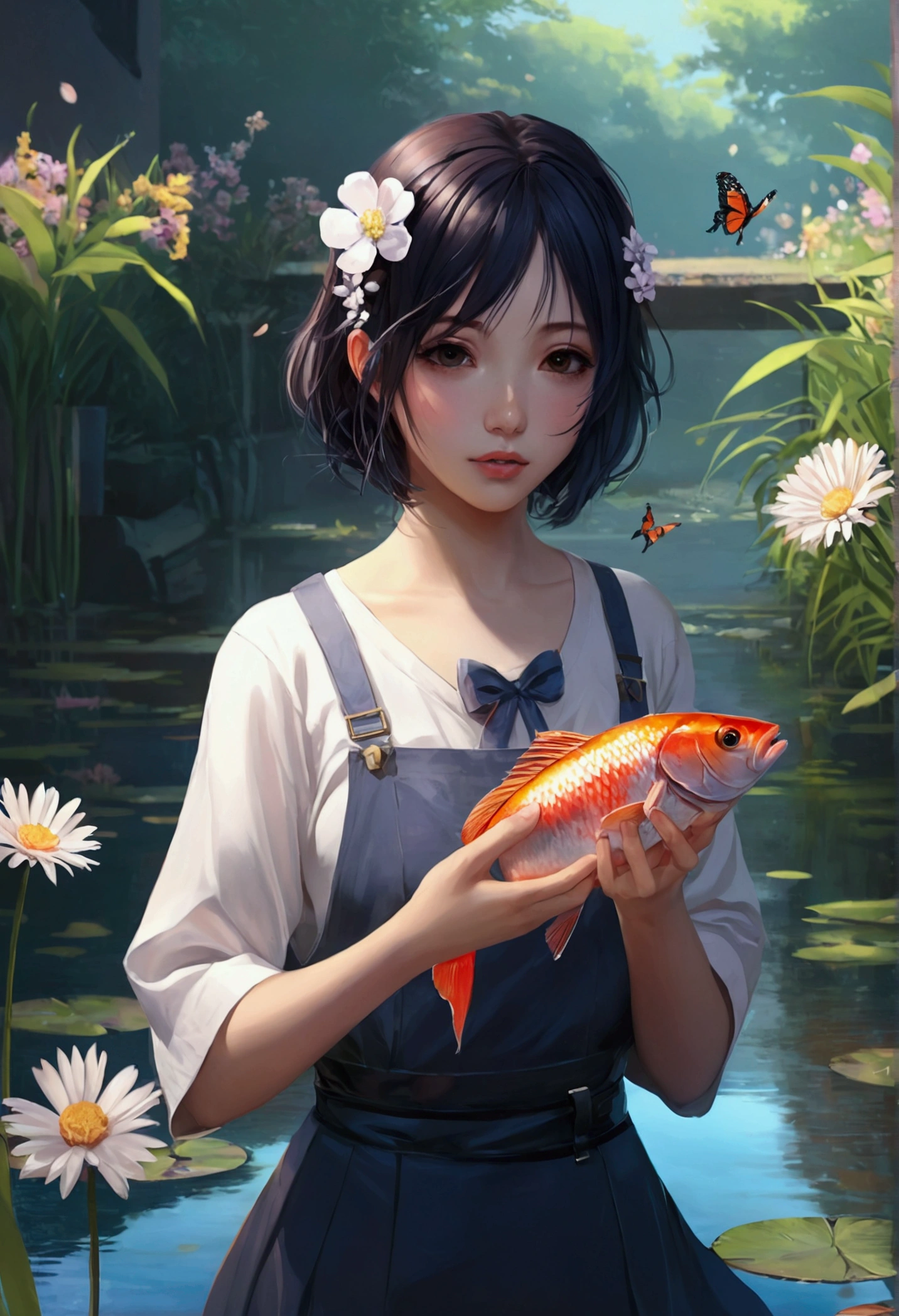 Anime girl holding a fish in a pond with flowers and butterflies, author:hero, guweiz on pixiv artstation, Hot topics on artstation pixiv, Artgerm 和 Atey Ghailan, guweiz on artstation pixiv, Lovely and detailed digital art, Artie Guerin 8K, Pixiv competition winner, Digital Art on pixiv