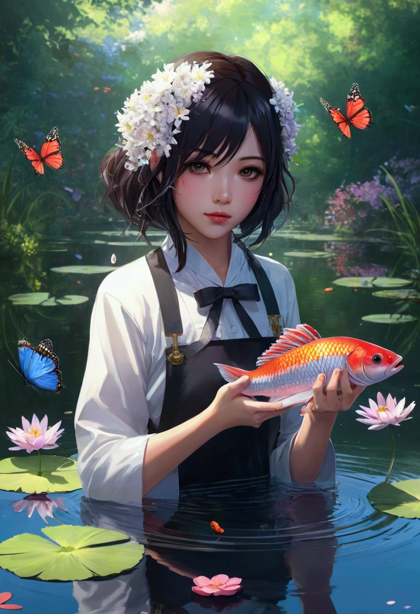 Anime girl holding a fish in a pond with flowers and butterflies, author:hero, guweiz on pixiv artstation, Hot topics on artstation pixiv, Artgerm 和 Atey Ghailan, guweiz on artstation pixiv, Lovely and detailed digital art, Artie Guerin 8K, Pixiv competition winner, Digital Art on pixiv