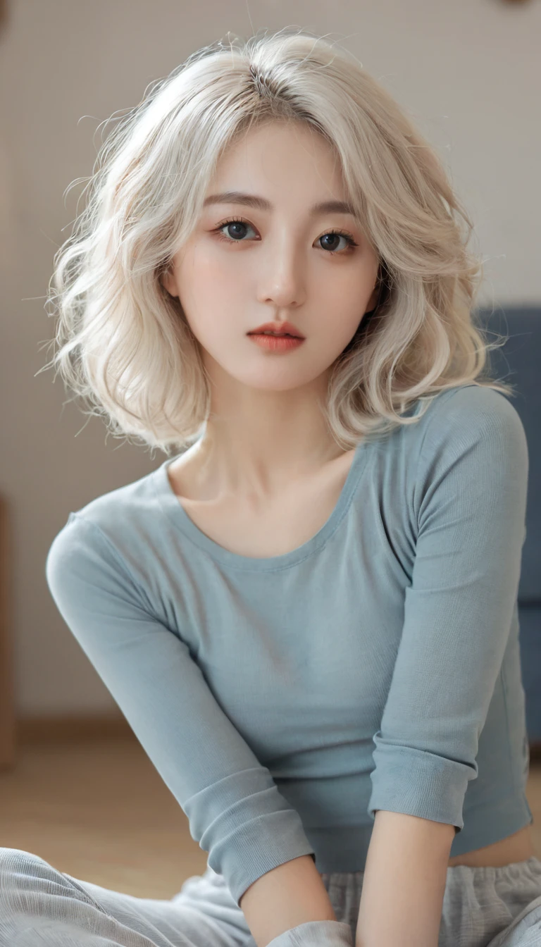 (Surrealism), (illustration), (high resolution), (8K), (Extremely detailed), (best illustration), (Beautiful and delicate eyes), (best quality), (Very detailed), (masterpiece), ( wallpaper), (Delicate face), solitary, 1 girl, White curly hair, Korean, Heterochromic Eyes, There is a small mole under the eye, Large Breasts, Long legs, Tight abdominal muscles, Dynamic poses,  A woman takes a selfie while sitting on the floor, Photos of slim girls, Girl squatting, She is about 20 years old, She is about 20 years old, High-quality video, 