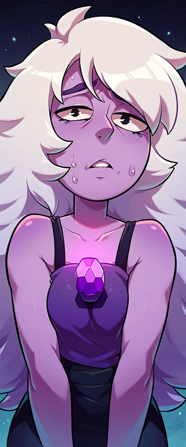 Amethyst, colored skin, purple skin, curvy, long white hair, messy hair,purple eyes, gem between collarbone, grey shirt, off shoulder, black pantyhose, star pattern, looking serious, dynamic shot, holding whip, outside, beach, dusk, high quality, masterpiece, <lora:Amethyst:.8> <lora:ColoredSkin:.8>