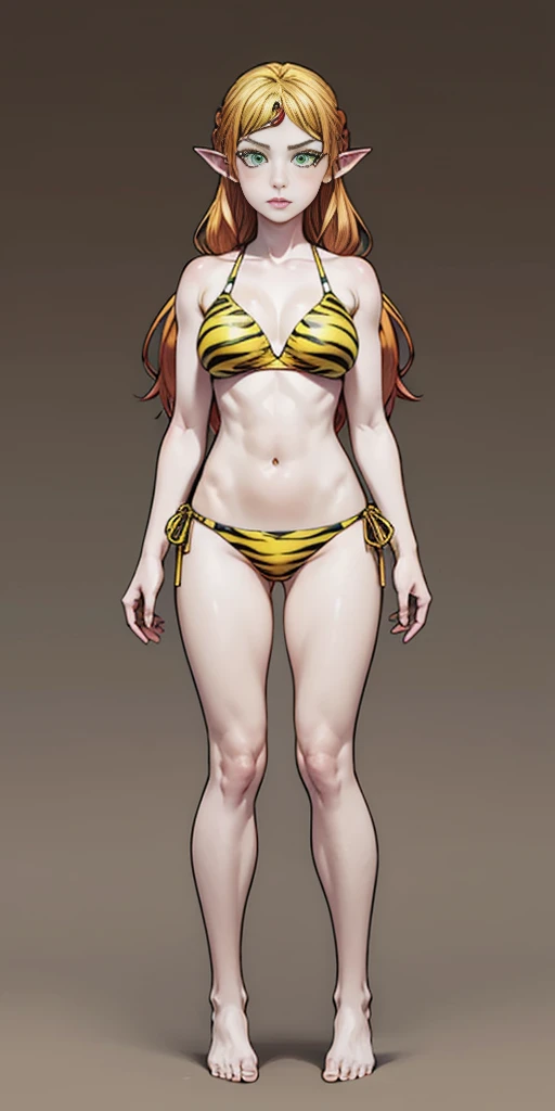 tsundere elf full body toe to head, long hair, blonde hair (green eyes:1.1) pointy ears, elf, multicolored hair, forehead jewel, yellow tiger bikini, standing symmetrical, plain background
