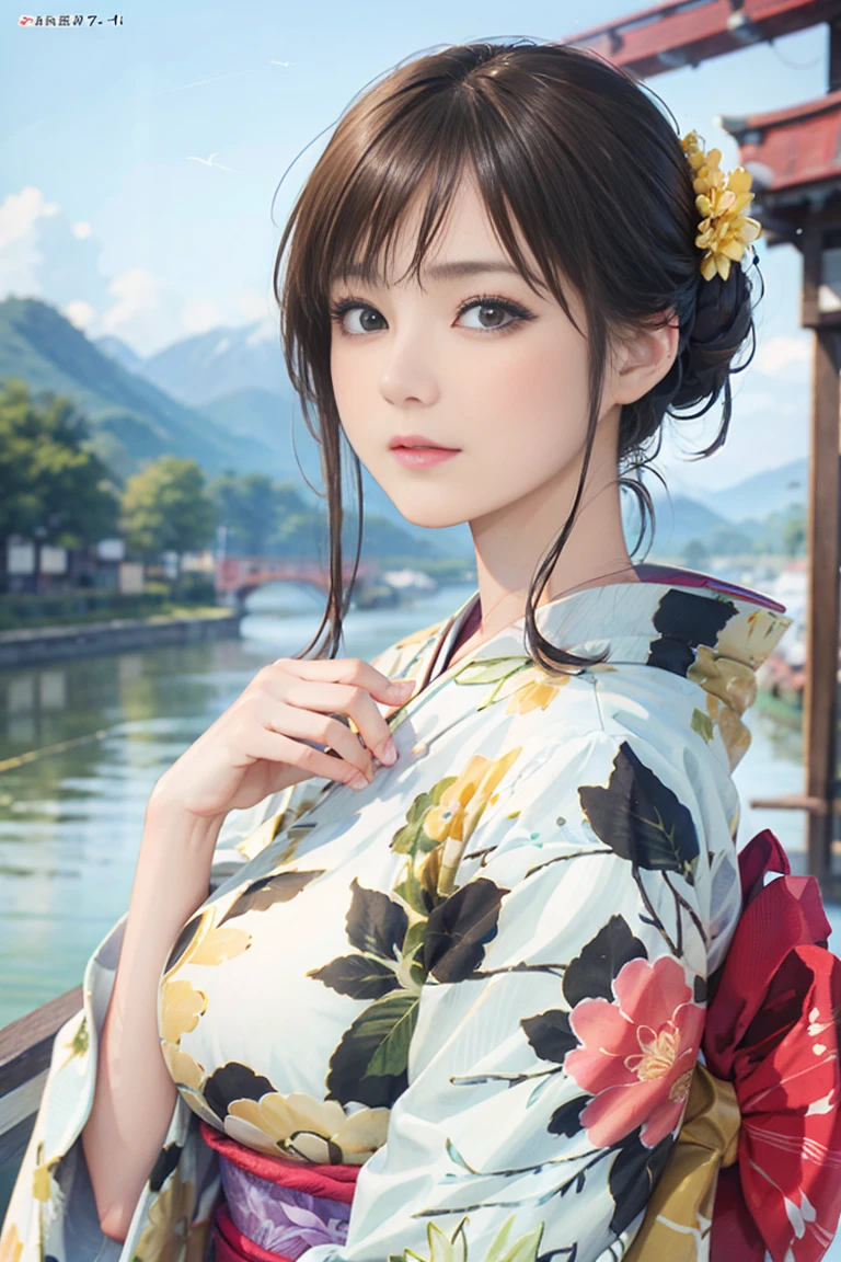 (Highest quality、 8k 、masterpiece、High resolution)、(whole body)、Vibrant colors、Brown-black bob、Traditional round topknot、Ample breasts、(Highly detailed face and eyes、Beautiful Face、Beautiful Eyes、Beautiful nose、Pretty lips)、 (Beautiful woman standing on a riverside observation deck)、(Vivid floral patterned kimono)、Official Art、  The background is a wide river、Nearby bridge、Riverside streetscape、Mountains in the distance、Detailed CG、