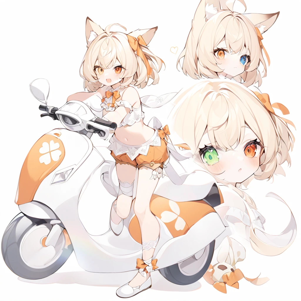 The fox girl,1girl,short hair, The hairstyle is like Klee's,animal ears, bangs, bare shoulders, blonde hair, blush, bow, breasts, white cleavage, cropped torso, , green eyes, hair ribbon, heterochromia, , , , orange bow, orange eyes, orange ribbon, ribbon, solo, stuffed animal, , , twintails, upper body, full-length, white legbands, white shoes with lace and white bows, white background, wrist cuffs, yellow eyes, bloomers, close-up, fair skin frills, lace, midriff, skirt, solo, , white background,shorts, white top with ribbon and lace and trousers,trousers, genshin,white slippers with a bow,All clothes are white, laceAt full height, it stands,bandaged hands, short hair , ankle lace-up, ankle ribbon, bow, leg ribbon, lineart, , shoes, , standing, , white bow, white footwear,on a white motorcycle, holding the steering wheel, a slightly indignant expression on his face, looking the other way