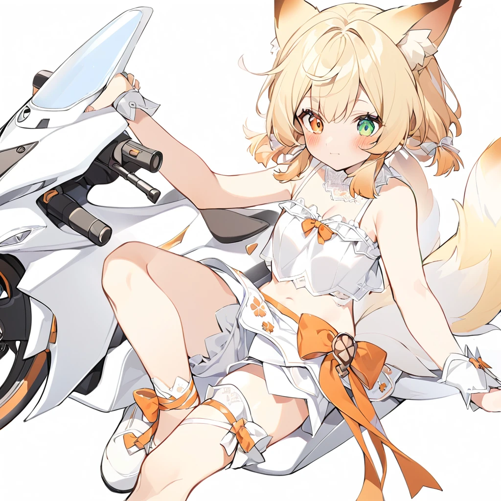 The fox girl,1girl,short hair, The hairstyle is like Klee's,animal ears, bangs, bare shoulders, blonde hair, blush, bow, breasts, white cleavage, cropped torso, , green eyes, hair ribbon, heterochromia, , , , orange bow, orange eyes, orange ribbon,  ribbon, solo, stuffed animal, , , twintails, upper body, full-length, white legbands, white shoes with lace and white bows, white background, wrist cuffs, yellow eyes, bloomers, close-up, fair skin frills, lace, midriff, skirt, solo, , white background,shorts, white top with ribbon and lace and trousers,trousers, genshin,white slippers with a bow,All clothes are white, laceAt full height, it stands,bandaged hands, short hair , ankle lace-up, ankle ribbon, bow, leg ribbon, lineart, , shoes, , standing, , white bow, white footwear,on a white motorcycle, holding the steering wheel, a slightly indignant expression on his face, looking the other way
