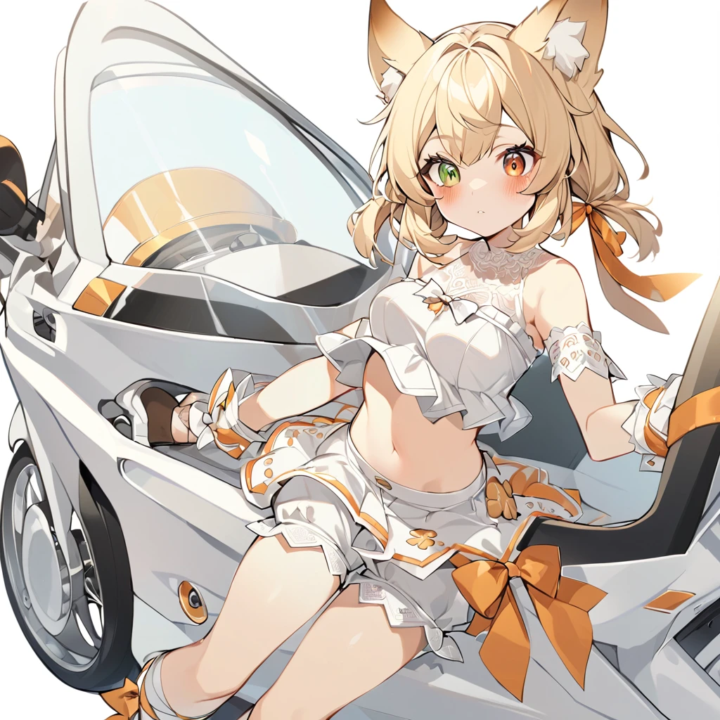 The fox girl,1girl,short hair, The hairstyle is like Klee's,animal ears, bangs, bare shoulders, blonde hair, blush, bow, breasts, white cleavage, cropped torso, , green eyes, hair ribbon, heterochromia, , , , orange bow, orange eyes, orange ribbon, ribbon, solo, stuffed animal, , , twintails, upper body, full-length, white legbands, white shoes with lace and white bows, white background, wrist cuffs, yellow eyes, bloomers, close-up, fair skin frills, lace, midriff, skirt, solo, , white background,shorts, white top with ribbon and lace and trousers,trousers, genshin,white slippers with a bow,All clothes are white, laceAt full height, it stands,bandaged hands, short hair , ankle lace-up, ankle ribbon, bow, leg ribbon, lineart, , shoes, , standing, , white bow, white footwear,on a white motorcycle, holding the steering wheel, a slightly indignant expression on his face, looking the other way