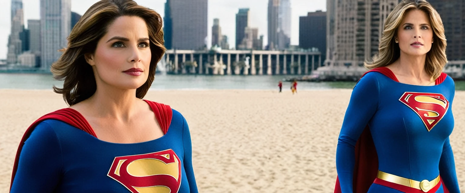 Super Lorraine Bracco(big fat woman; powerful; trusting; higher) 2024 (((Woman defined body strong and firm large breasts; Supergirl 1984s costume dress))) as Supergirl(((Filme da Supergirl de 2024 de Lorraine Bracco))); floating in mid - air.
