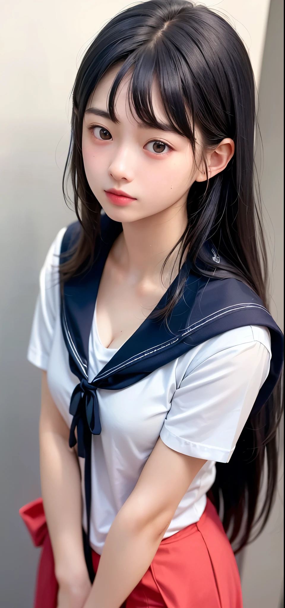The location is a school classroom、I am a high school boy with long bangs.。A beautiful high school girl who is half French and half Japanese、Anyway, her face is beautiful、Beautiful blue eye color、She has beautiful long straight hair that is light blonde in color.、The clothes are sailor suits, which are Japanese school uniforms, and blouses.。The beautiful high school girl raised one hand high、His hand is clenched into a fist that looks ready to strike.。The face has raised eyebrows、He is angry with his brow furrowed and his mouth open.。The mouth looks like it is about to swear, but it looks angry.。The composition is an image that only includes the upper body。Please put your face up