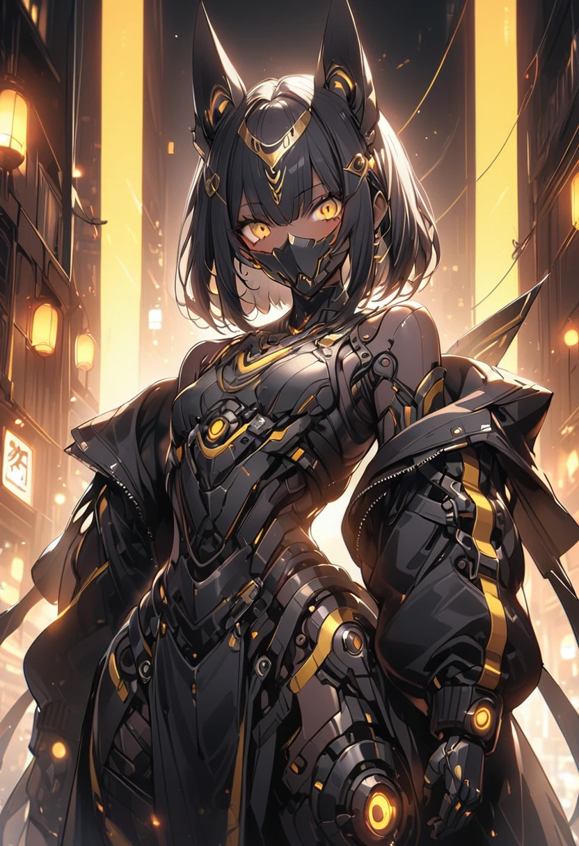 ((masterpiece,High resolution,Highest quality,8k))
(One dark-skinned woman,15 years old,Flat Chest,slender,Black hair bob cut,Dark Skin,Small beautiful eyes,Hanging eyes,Black glowing eyes)(Female Robot,60% mechanical body,mechanical helmet,Anubis the robot,Full Face Met)
(Black and yellow lights)