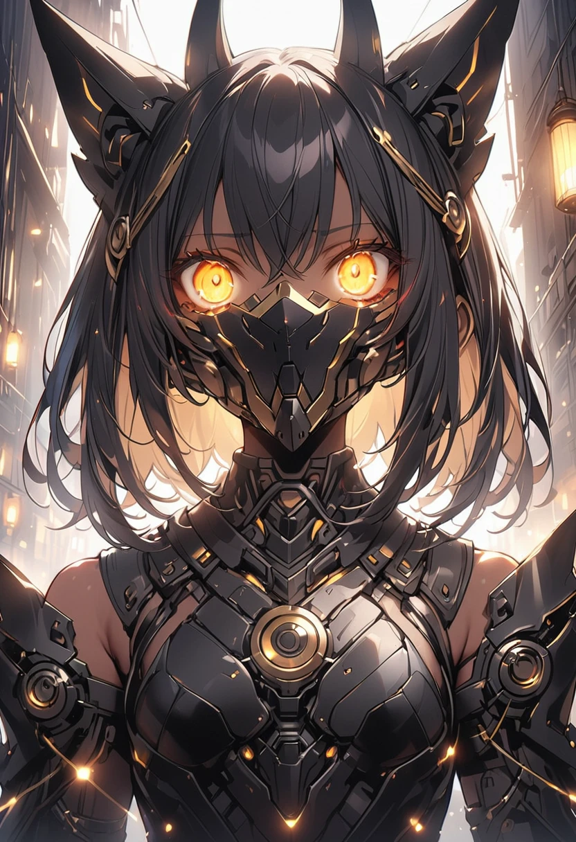 ((masterpiece,High resolution,Highest quality,8k))
(One dark-skinned woman,15 years old,Flat Chest,slender,Black hair bob cut,Dark Skin,Small beautiful eyes,Hanging eyes,Black glowing eyes)(Female Robot,60% mechanical body,mechanical helmet,Anubis the robot,Full Face Met)
(Black and yellow lights)