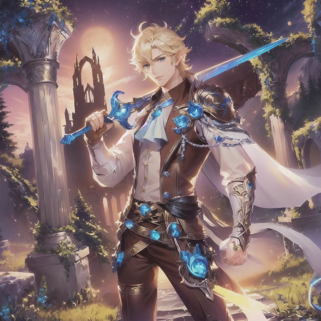 Anime-style image of a male character from a fantasy world, Kashmir Art, Shadowverse Style, Shadowverse Character Concept, blonde male elf ranger, Beautiful male elf, Jan J, Astori Lawn, Full-body portrait of a magic knight, Inspired by the Yellow God, Inspired by Chris from Deltarune, Official character art, Zhao Yun、16：9