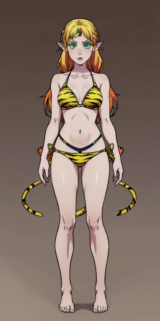 tsundere elf full body toe to head, long hair, blonde hair (green eyes:1.1) pointy ears, elf, multicolored hair, forehead jewel, yellow tiger bikini, standing symmetrical, plain background