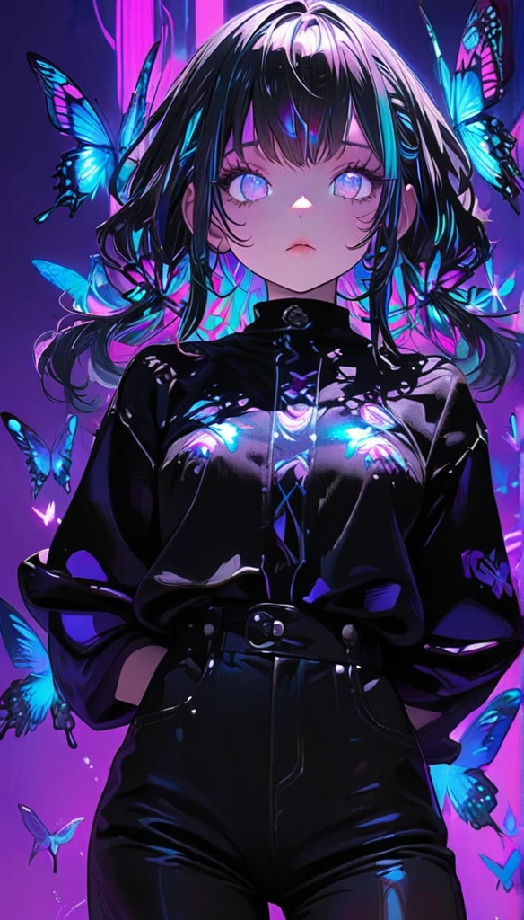 (((masterpiece, best quality, illustration, extremely detailed, 8k, 4k, 2k))), (1girl),skeleton style, lora more_details 1 , ((glow hair, multicolored hair)), ((Iridescent Hair)), (rib cage),  ((teal neon light)), ((hands behind back)), (black jacket), (((purple retro background))), (looking at viewer), (black pants), ((butterflies)), (looking at viewer), (upper body)  