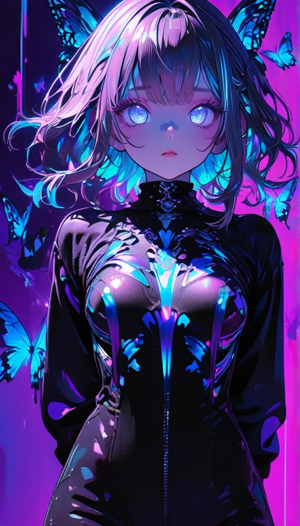 (((masterpiece, best quality, illustration, extremely detailed, 8k, 4k, 2k))), (1girl),skeleton style, lora more_details 1 , ((glow hair, multicolored hair)), ((Iridescent Hair)), (rib cage), ((teal neon light)), ((hands behind back)), (black jacket), (((purple retro background))), (looking at viewer), (black pants), ((butterflies)), (looking at viewer), (upper body)