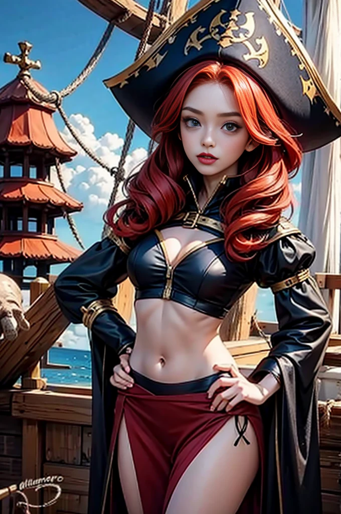 Ginger woman,1girll,Lovely and beautiful Fas,28 year old,Red hair,double tails, Practical pirate clothing, (Long-sleeved pirate top), Skirt,Torn pirate hat, view the viewer, fantasy,Cinematic lighting,Masterpiece,